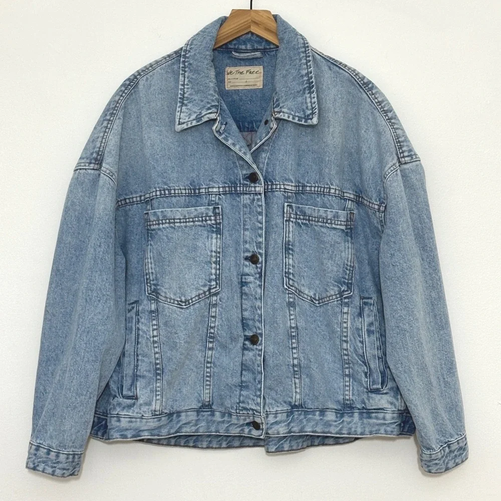 We the Free Opal Swing Denim Jacket L Blue Oversized Trucker Relaxed Slouchy